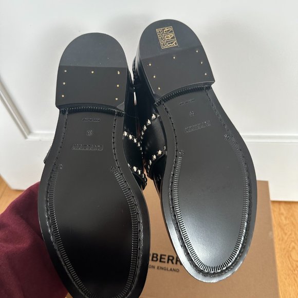 Burberry Marita Loafers Black Buffed Leather Silver Buckle Strap Sz 39 NWB